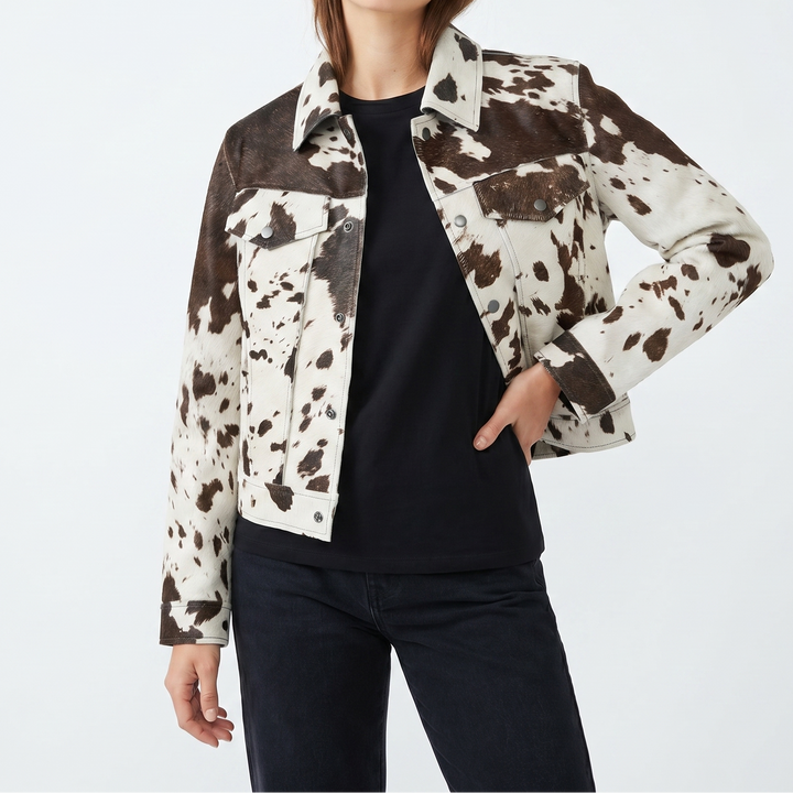 Women's Cow Print Hair On Leather Trucker Jacket Western Snap Button