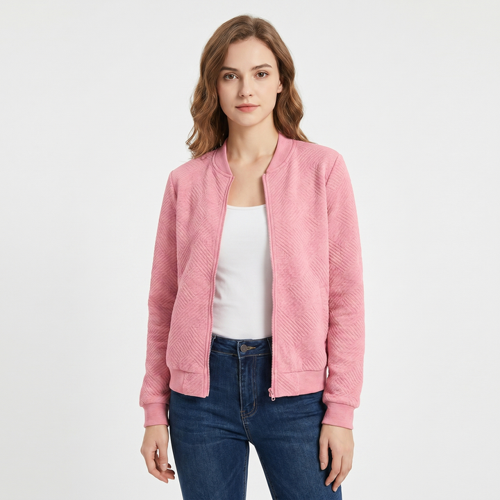 Women's Quilted Bomber Jacket Suede Effect Diamond Quilt Zip Up Casual Coat