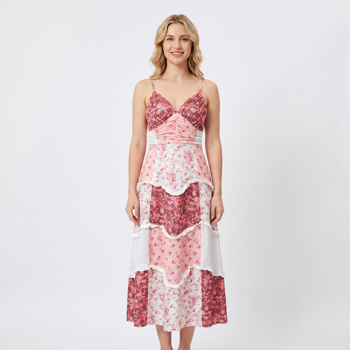 Women's Floral Midi Dress Tiered Skirt Ruched Bodice Boho Summer