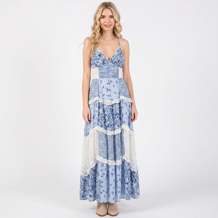 Women's Floral Midi Dress Tiered Skirt Ruched Bodice Boho Summer