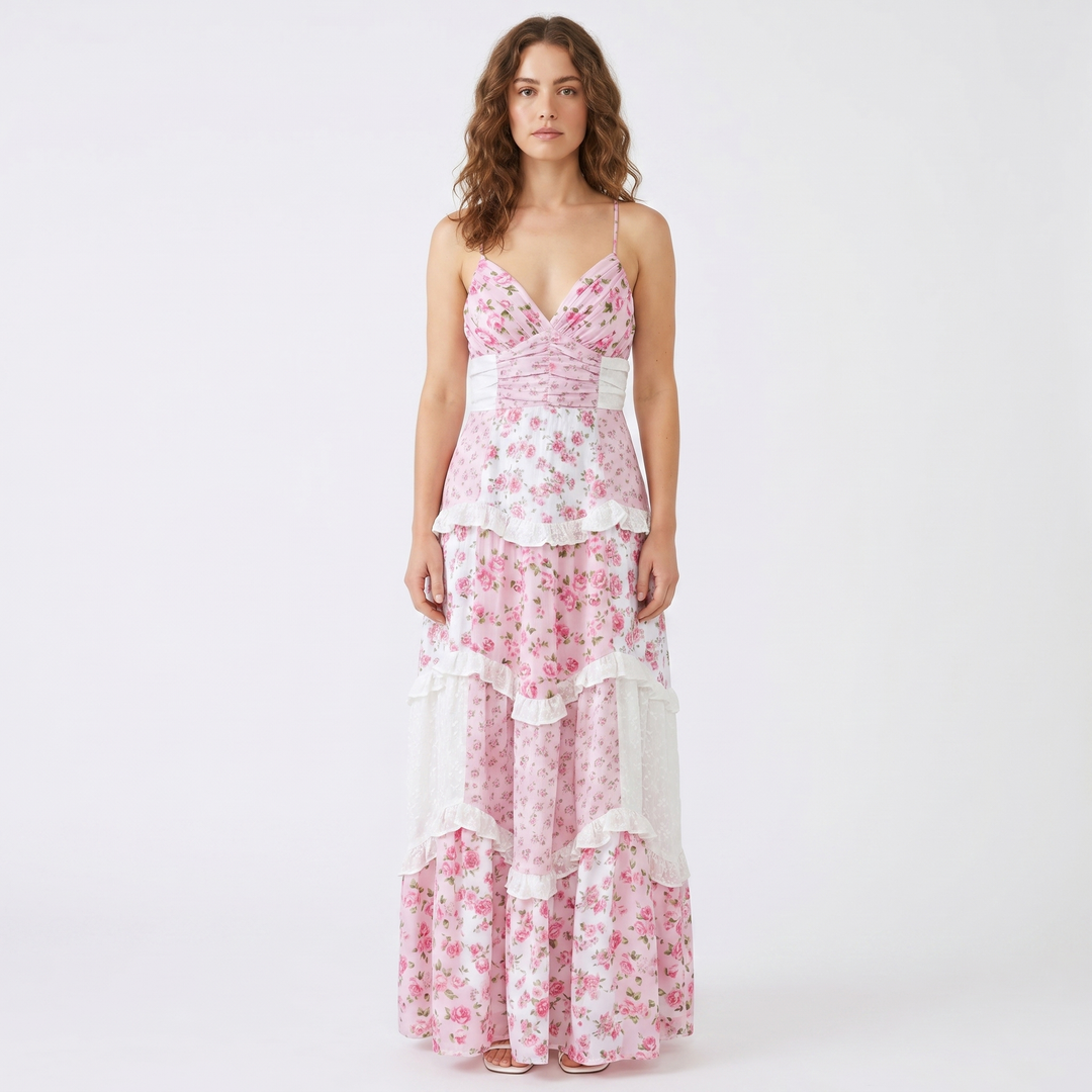 Women's Floral Midi Dress Tiered Skirt Ruched Bodice Boho Summer