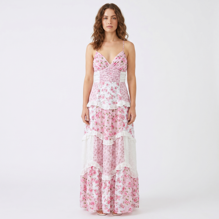 Women's Floral Midi Dress Tiered Skirt Ruched Bodice Boho Summer