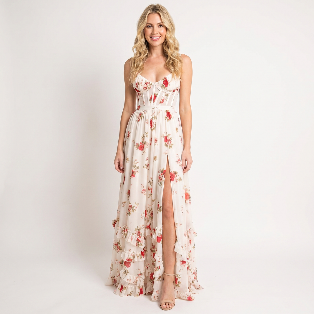 Women's Floral Maxi Dress Corset Bodice Front Split Chiffon Summer