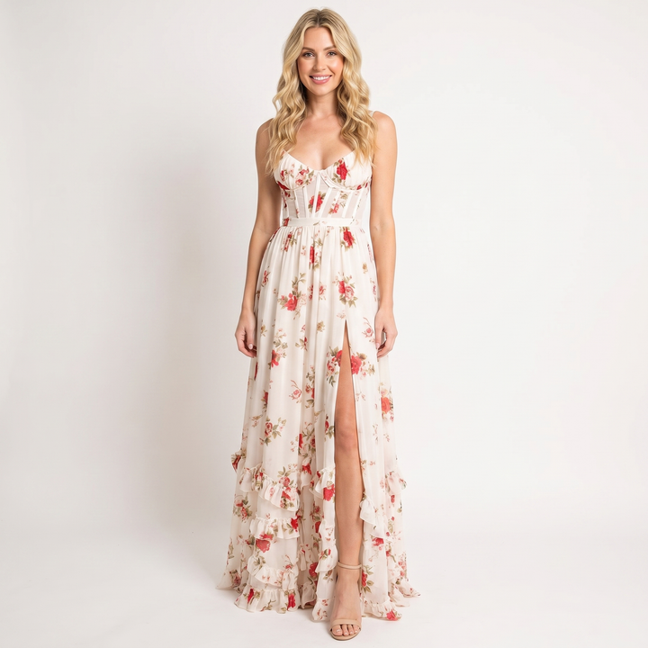 Women's Floral Maxi Dress Corset Bodice Front Split Chiffon Summer