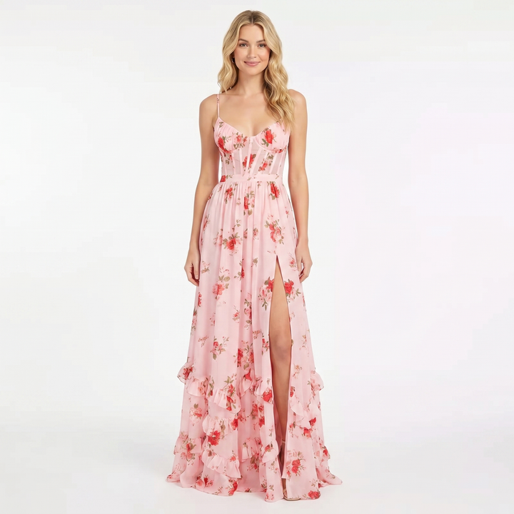 Women's Floral Maxi Dress Corset Bodice Front Split Chiffon Summer