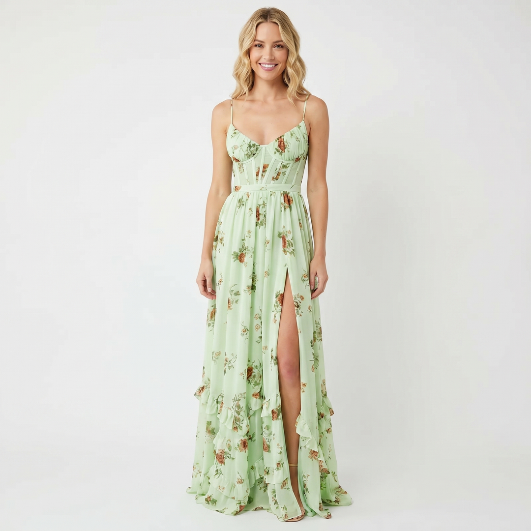 Women's Floral Maxi Dress Corset Bodice Front Split Chiffon Summer