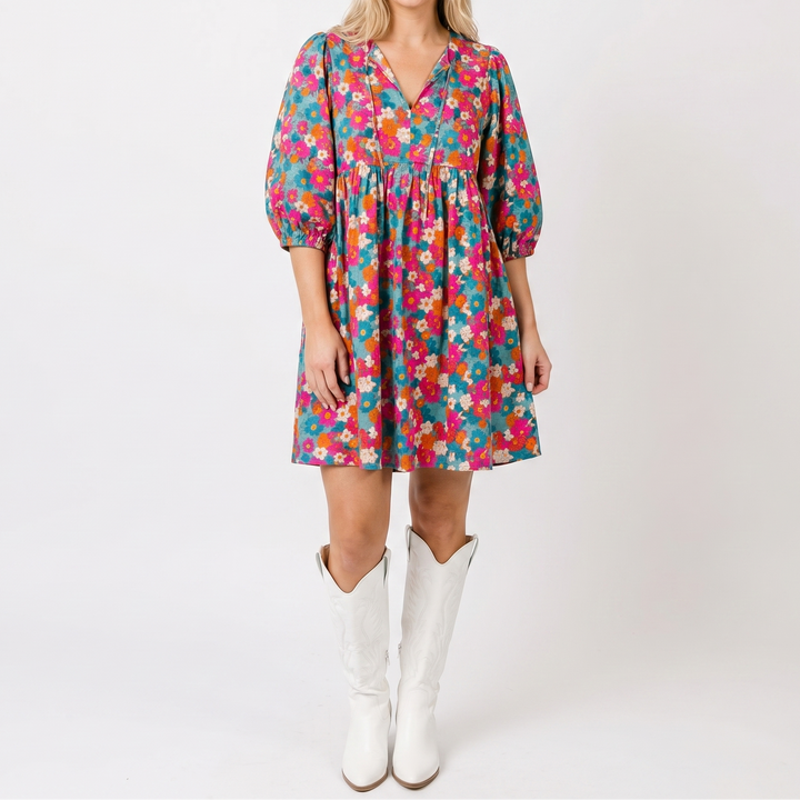 Women's Floral Print Babydoll Mini Dress V-Neck Long-Sleeve Smocked