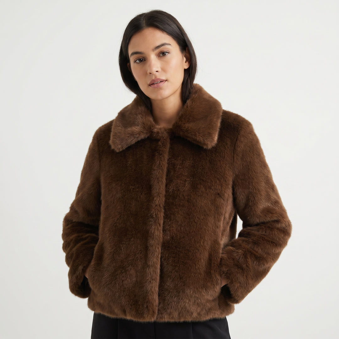 Women's Faux Fur Jacket Cropped Open Front Notch Collar Plush Winter Coat