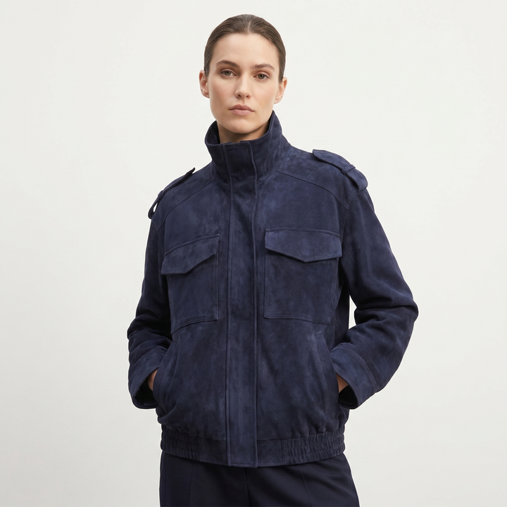 Women's Suede Leather Bomber Jacket Stand Collar Chest Pocket Epaulette Oversized