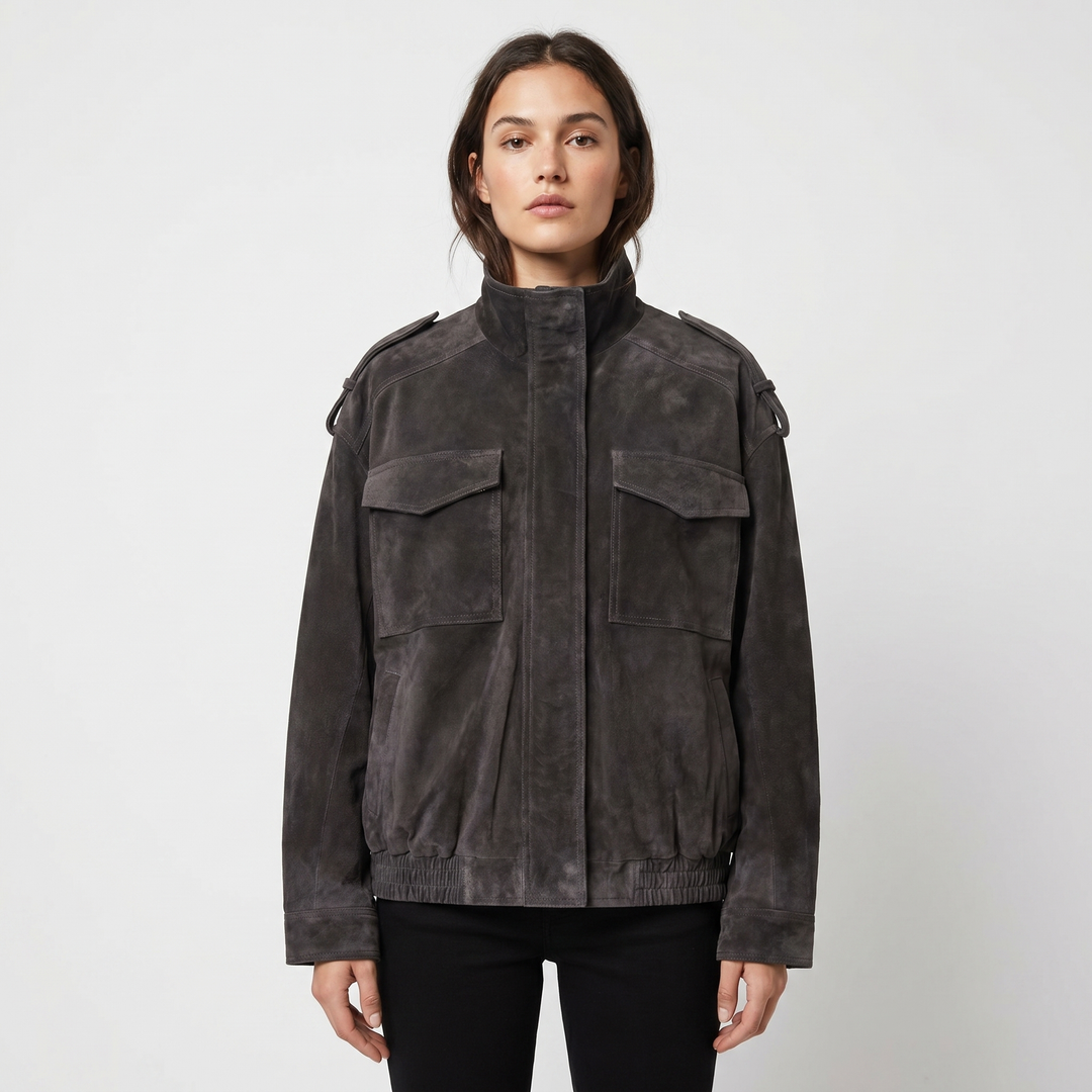 Women's Suede Leather Bomber Jacket Stand Collar Chest Pocket Epaulette Oversized