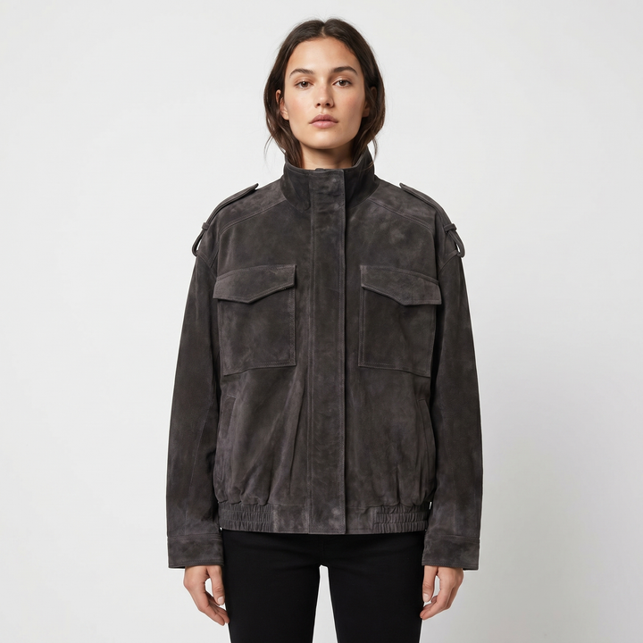 Women's Suede Leather Bomber Jacket Stand Collar Chest Pocket Epaulette Oversized
