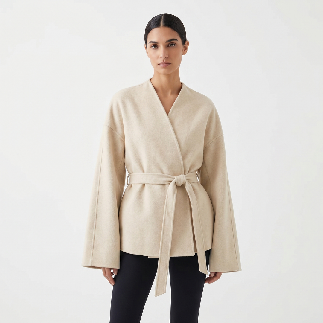 Women's Wool Blend Belted Wrap Jacket Collarless Wide Sleeve Kimono Coat
