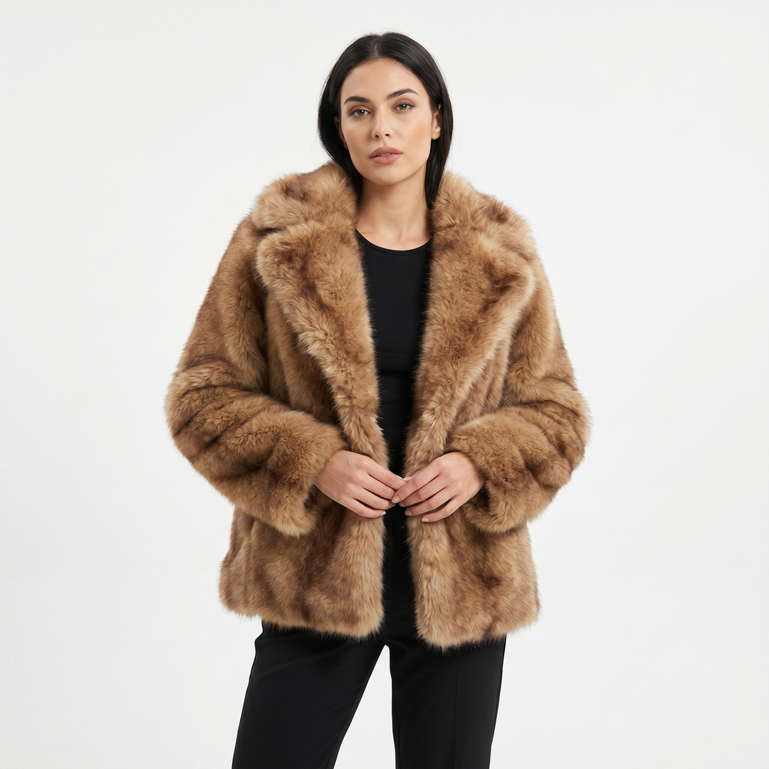 Women's Faux Fur Short Coat Notch Lapel Open Front Plush Winter Jacket Evening