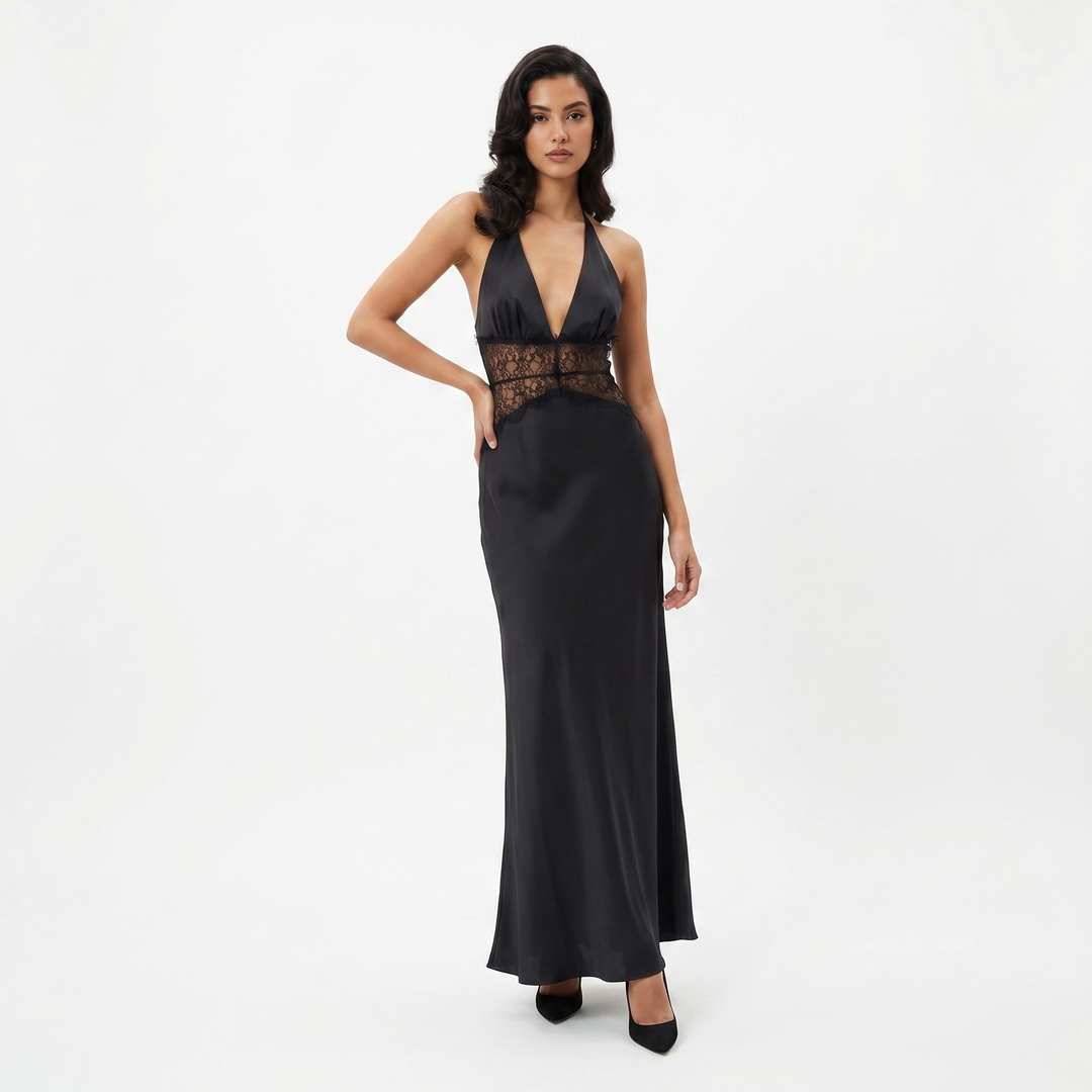 Women's Satin Halter Maxi Dress Deep V Neck Lace Waist Panel Evening Gown