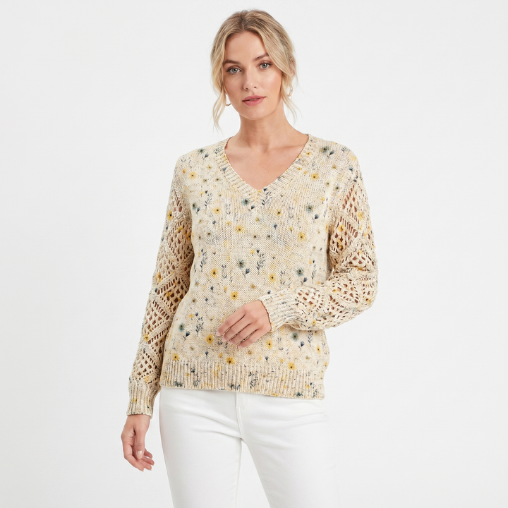 Women's Floral Jacquard Knit Sweater V-Neck Crochet Sleeve Pullover Casual Top