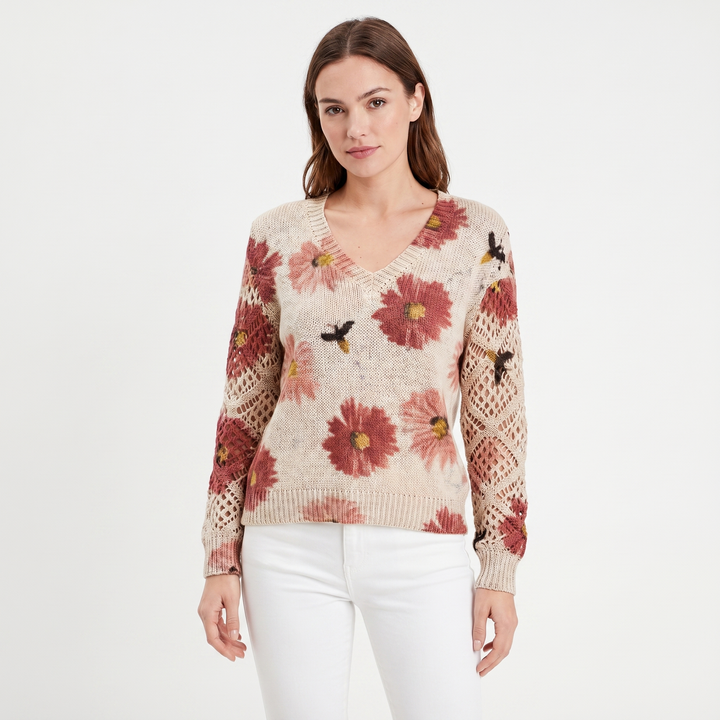 Women's Floral Jacquard Knit Sweater V-Neck Crochet Sleeve Pullover Casual Top