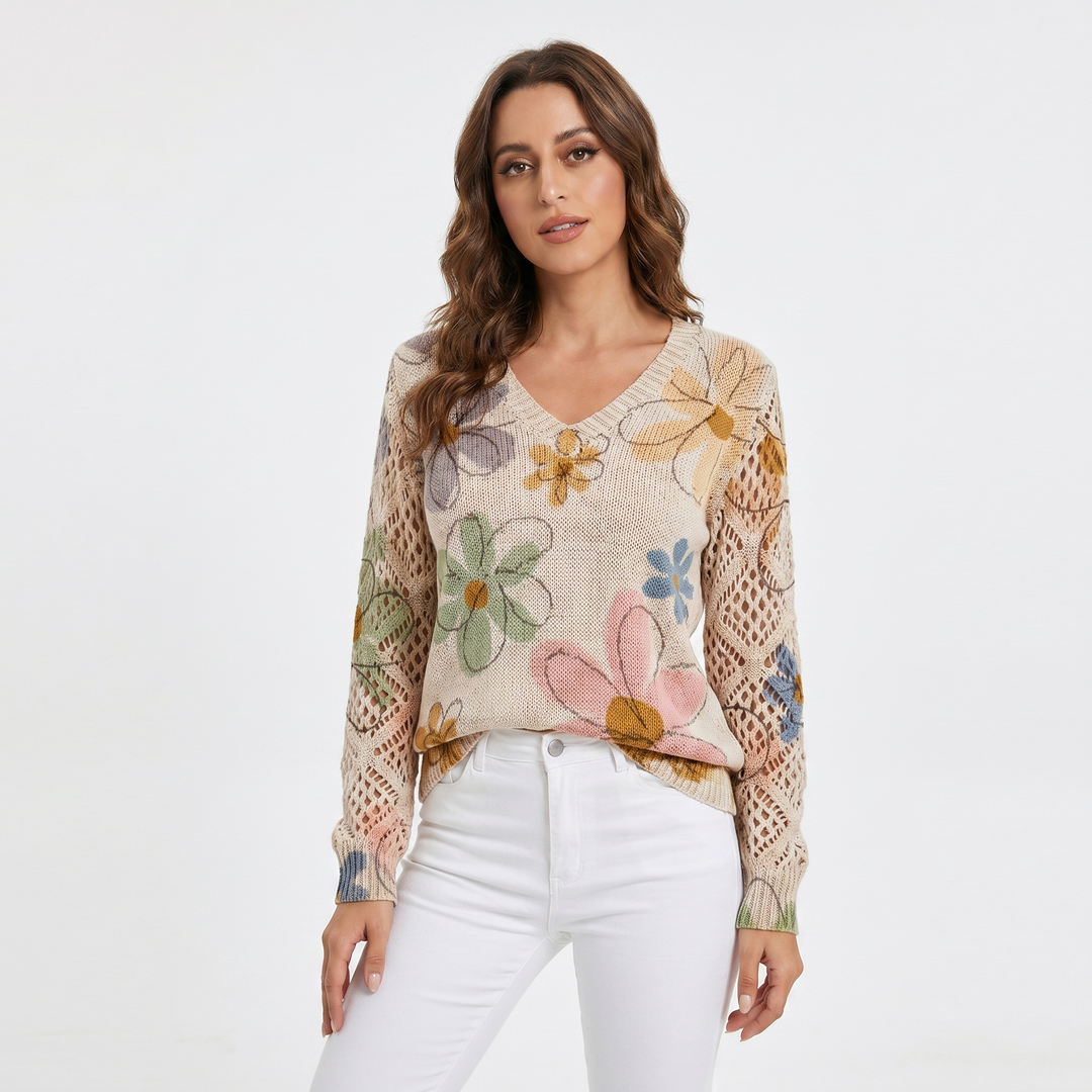 Women's Floral Jacquard Knit Sweater V-Neck Crochet Sleeve Pullover Casual Top