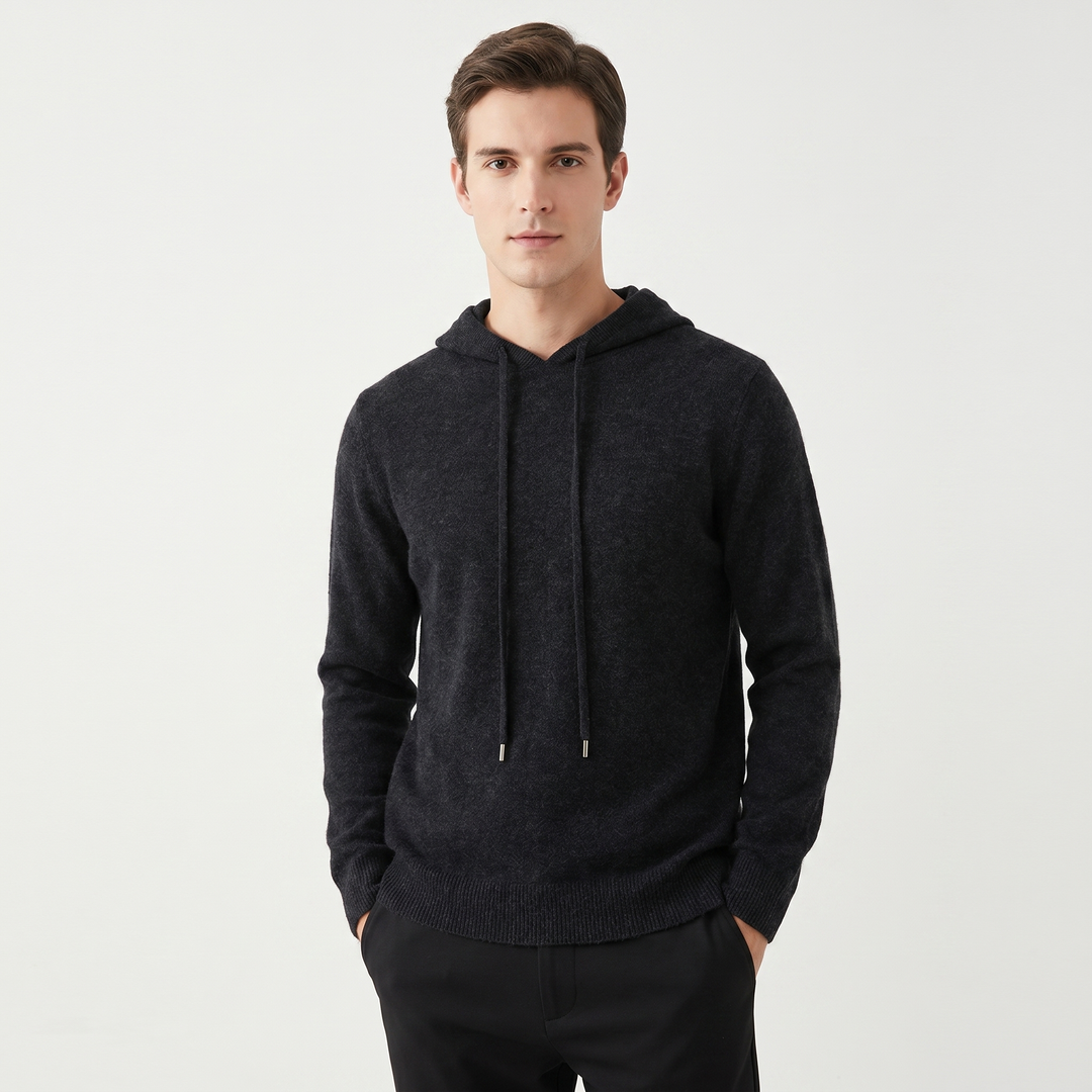 Men's Cashmere Blend Knit Hoodie Pullover Drawstring Fine Knit Luxury Sweater