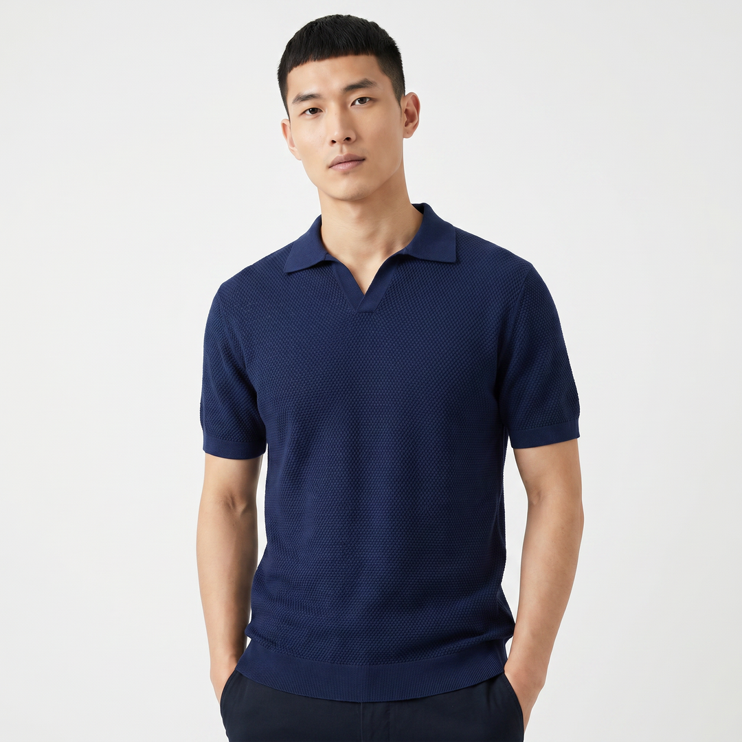 Men's Knit Polo Shirt Open Collar Textured Stitch Short Sleeve Smart Casual Top
