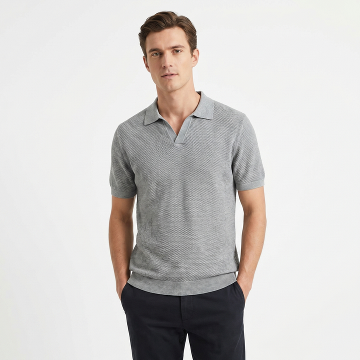 Men's Knit Polo Shirt Open Collar Textured Stitch Short Sleeve Smart Casual Top