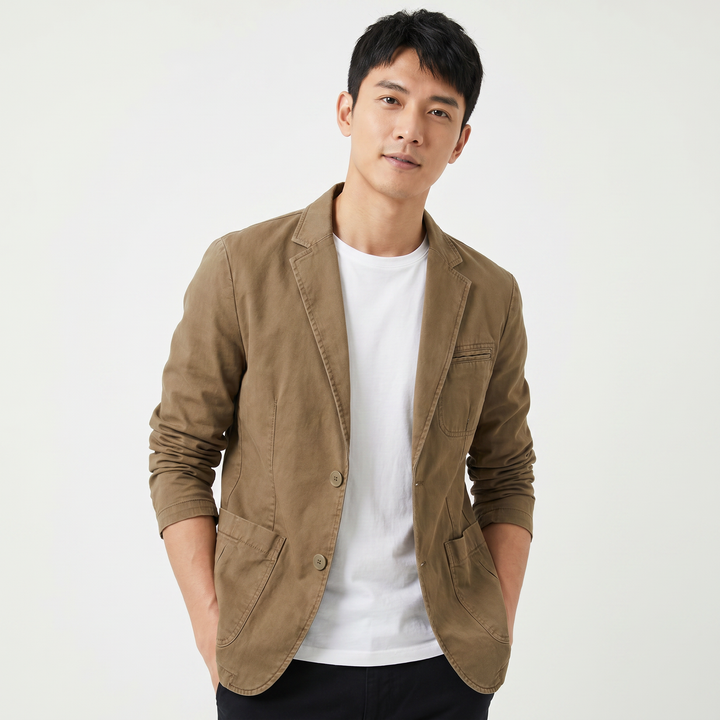 Men's Washed Cotton Casual Blazer Unstructured Notch Lapel Two Button Smart Jacket