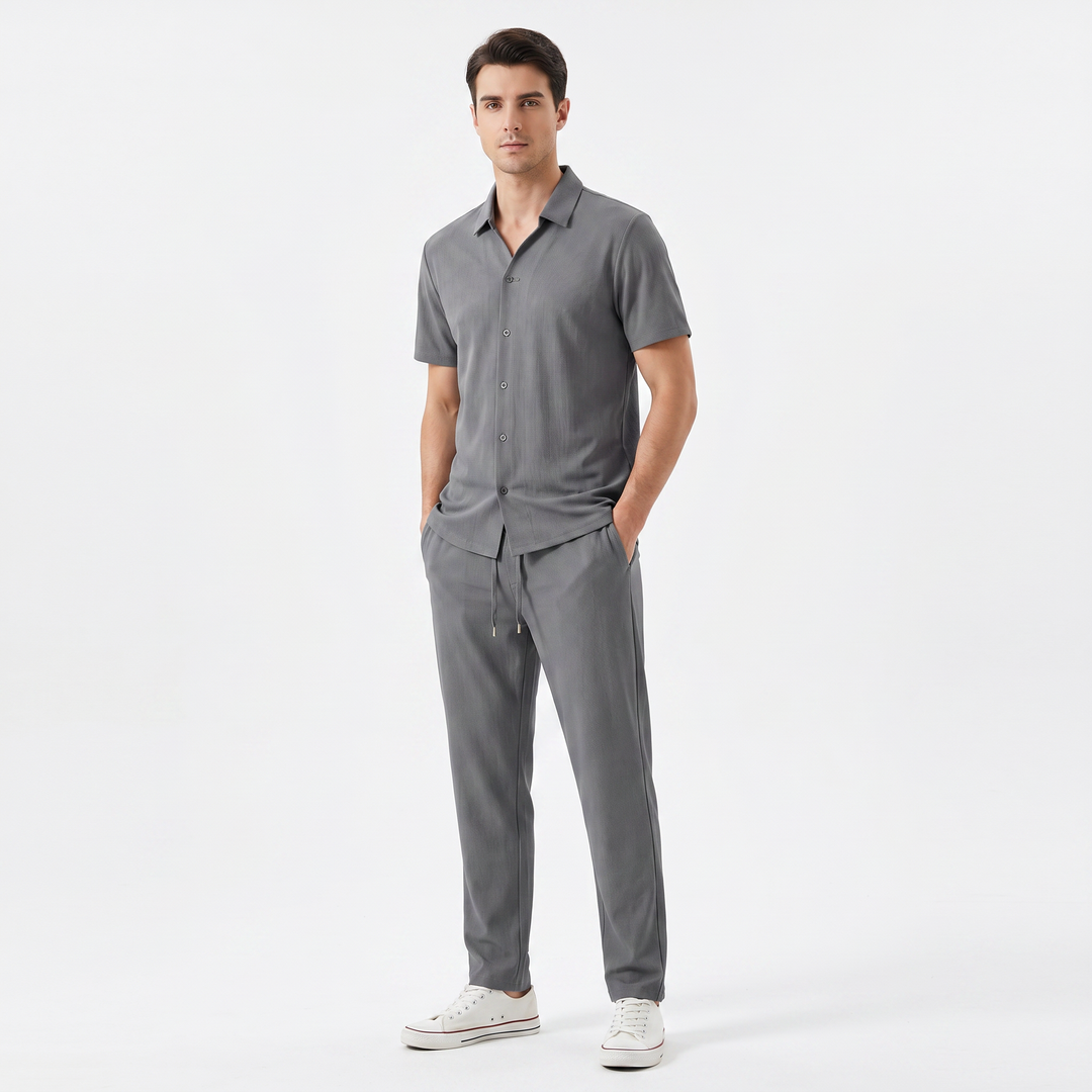 Men's Polo Shirt Slim Tapered Trouser Co-Ord Set Textured Smart Casual Two Piece