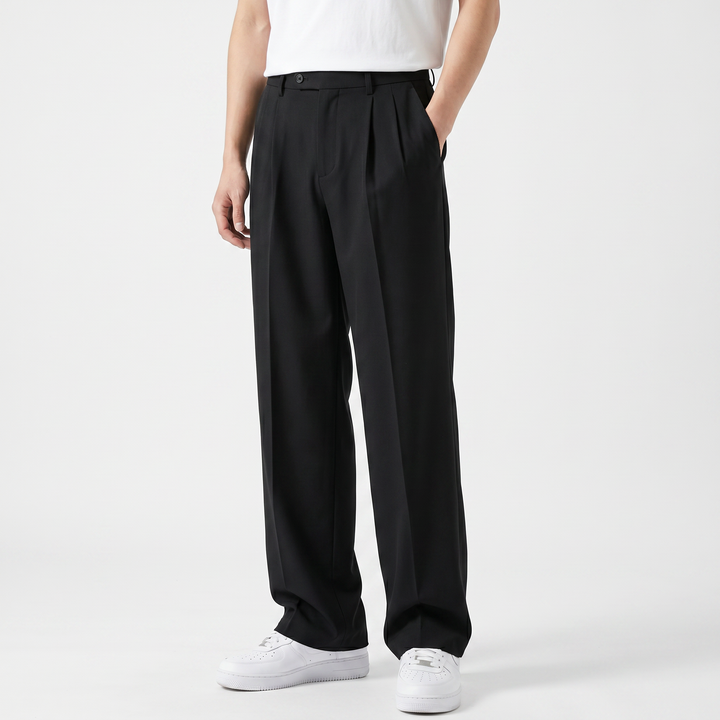Men's Wide Leg Pleated Trousers Relaxed Fit Straight Leg Smart Casual Suit Pants