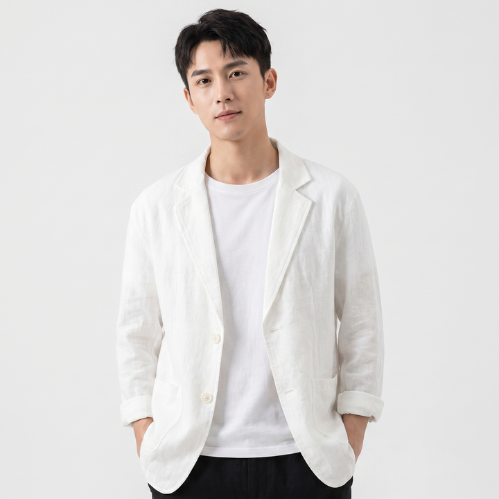 Men's Linen Blazer Unstructured Notch Lapel Two Button Casual Summer Jacket
