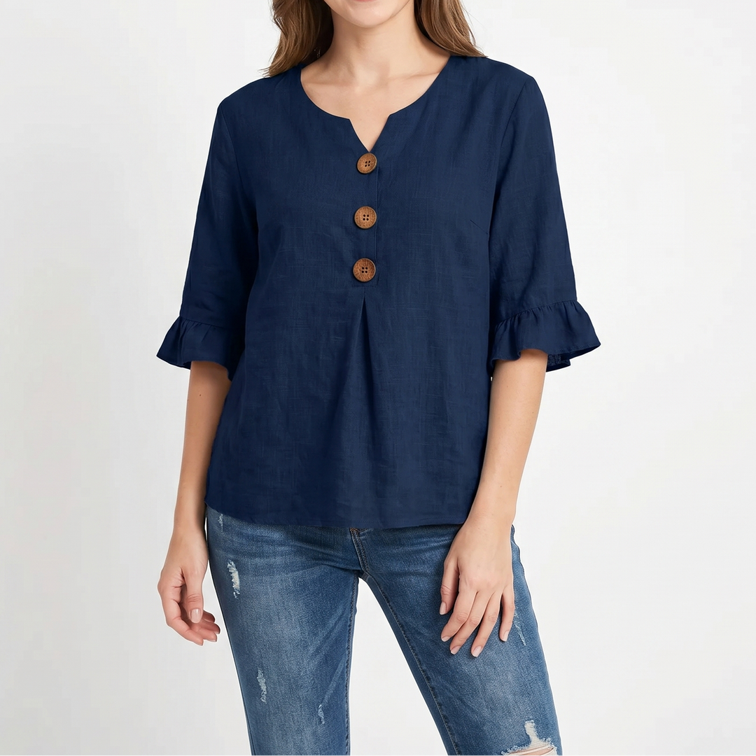 Women's Linen Blend Blouse Relaxed Fit Button-Front Ruffle Sleeve Top