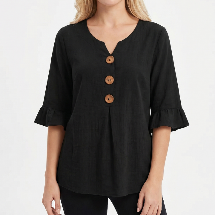Women's Linen Blend Blouse Relaxed Fit Button-Front Ruffle Sleeve Top