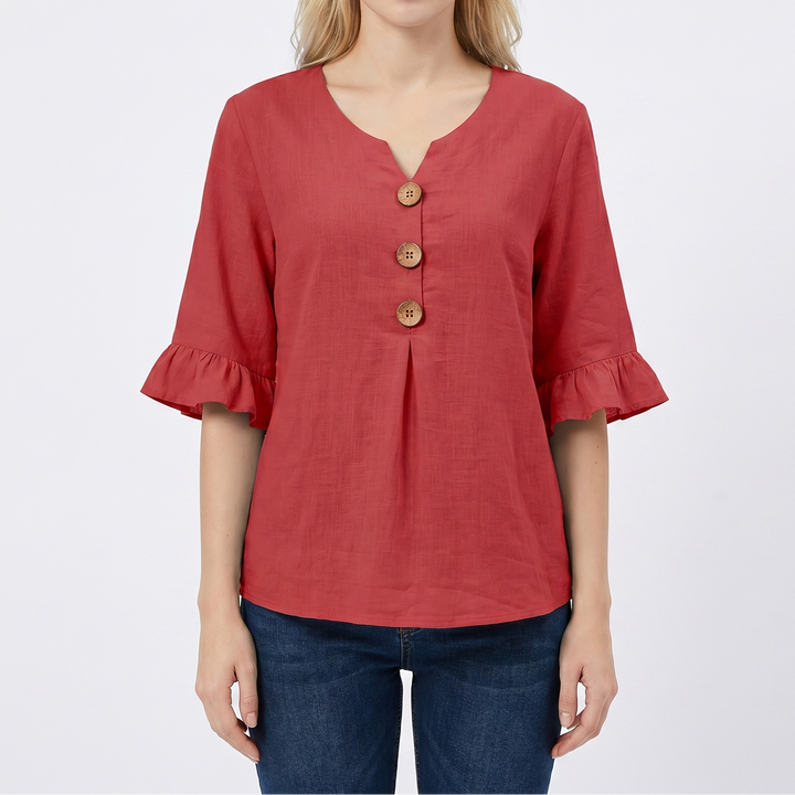 Women's Linen Blend Blouse Relaxed Fit Button-Front Ruffle Sleeve Top