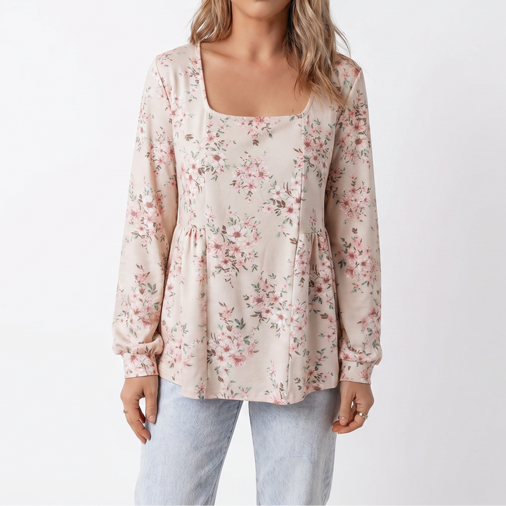 Women's Floral Print Long Sleeve Top Square Neck Peplum Hem Casual