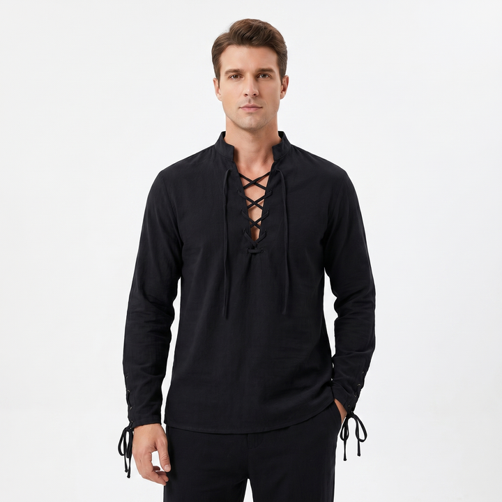 Men's Linen Pullover Shirt Lace Up V Neck Band Collar Long Sleeve Resort Casual