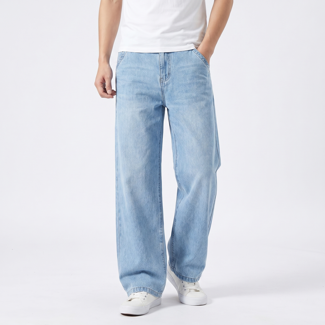Men's Wide Leg Baggy Jeans Relaxed Fit Straight Leg Washed Denim Casual Trousers