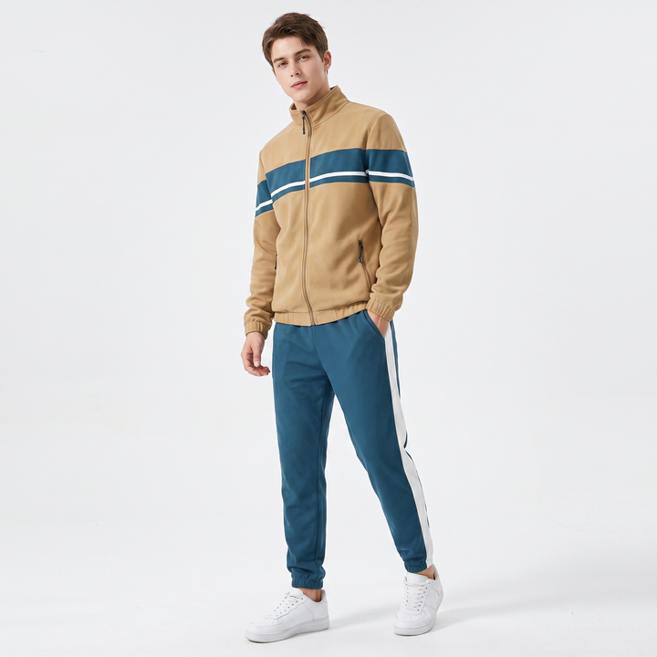 Men's Colour Block Tracksuit Set Zip Fleece Jacket Jogger Pants Retro Sport Co-Ord