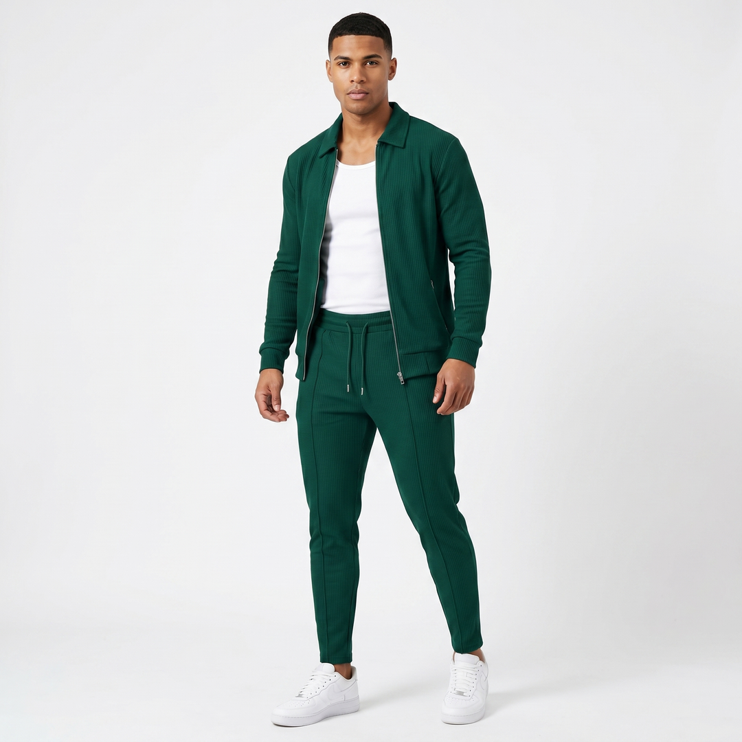 Men's Waffle Texture Zip Jacket Slim Jogger Co-Ord Set Athleisure Two Piece Suit