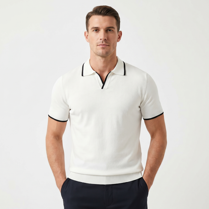 Men's Knit Polo Shirt Contrast Tipped Collar Open Neck Slim Fit Short Sleeve Top