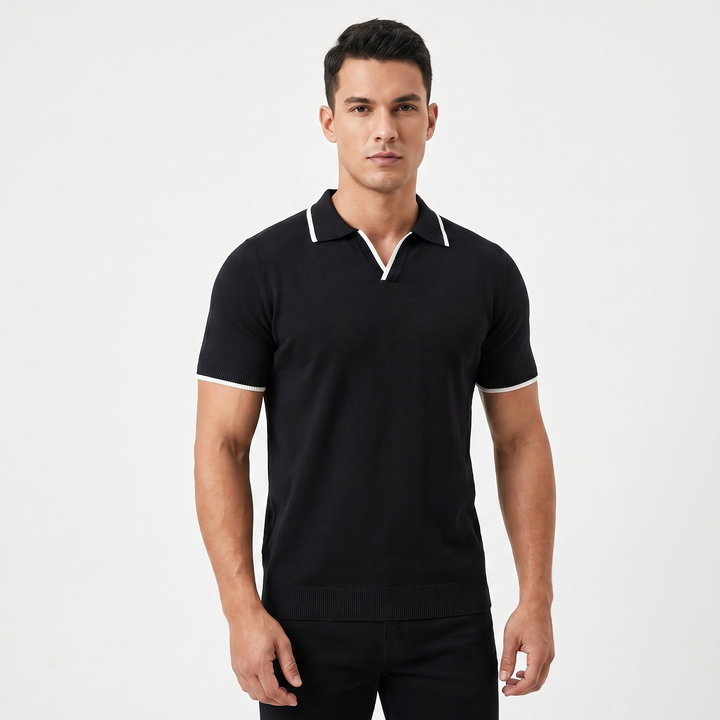 Men's Knit Polo Shirt Contrast Tipped Collar Open Neck Slim Fit Short Sleeve Top