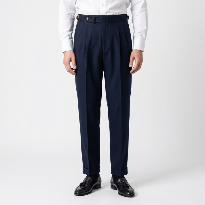 Men's High Waist Double Pleat Trousers Tab Waist Cuffed Hem Wide Leg Dress Pants