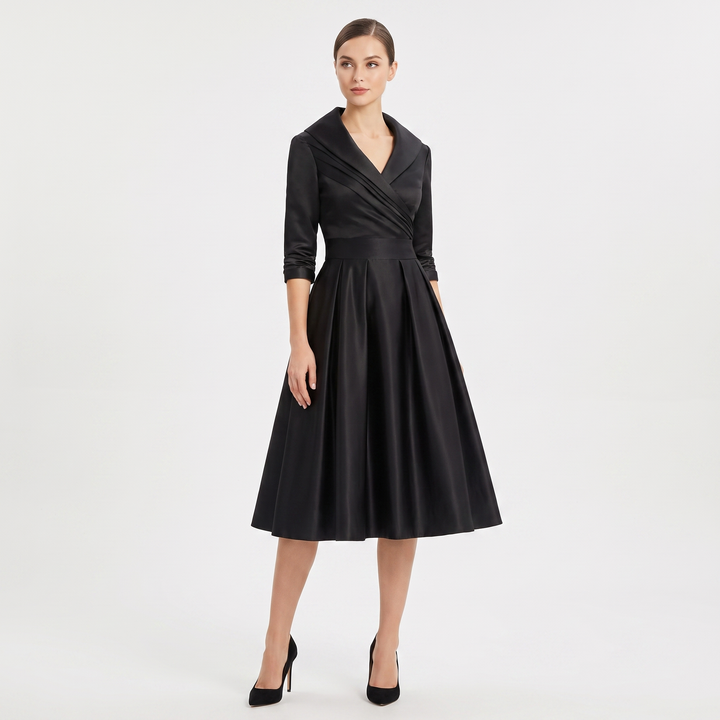 Women's Satin A-Line Midi Dress 3/4 Sleeve Wrap V-Neck Formal Swing Dress