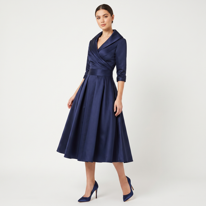 Women's Satin A-Line Midi Dress 3/4 Sleeve Wrap V-Neck Formal Swing Dress