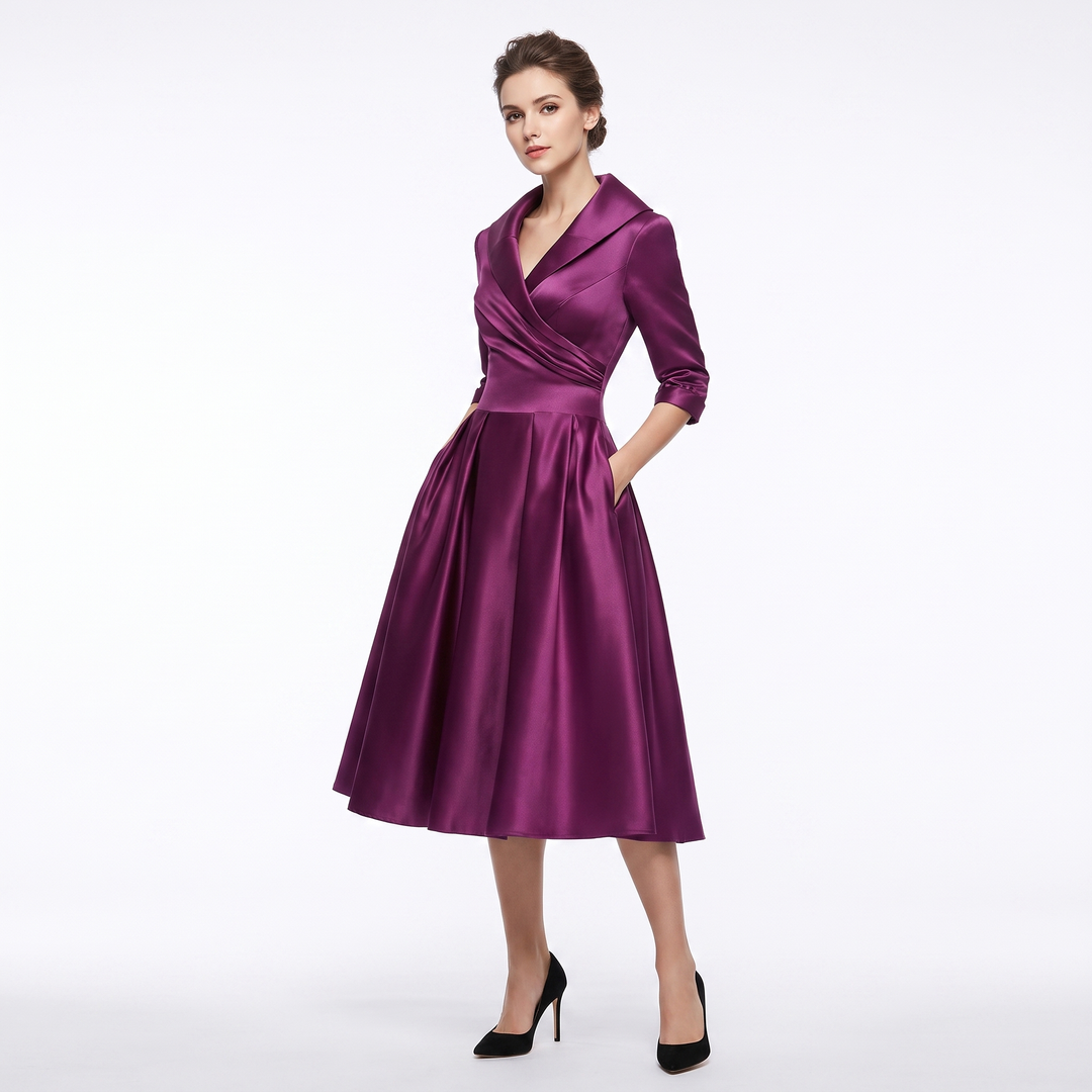 Women's Satin A-Line Midi Dress 3/4 Sleeve Wrap V-Neck Formal Swing Dress