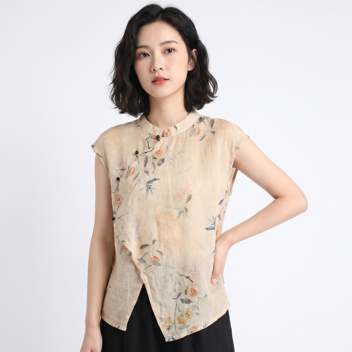 Women's Floral Print Linen Sleeveless Blouse Mandarin Collar Asymmetric Button Top