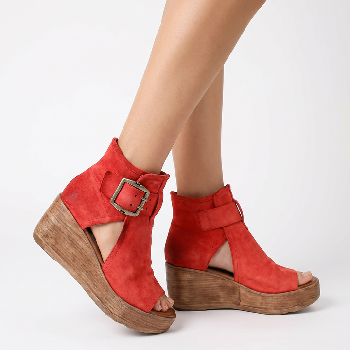Women's Wedge Sandal Boots Open Toe Double Buckle Ankle Leather Platform Booties