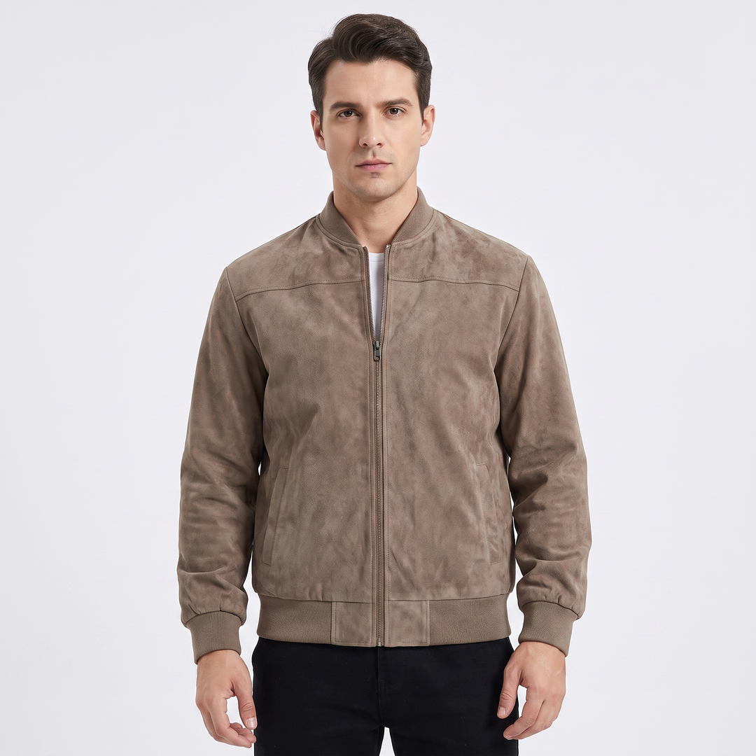 Men's Suede Bomber Jacket Zip Up Stand Collar Casual Lightweight Outerwear