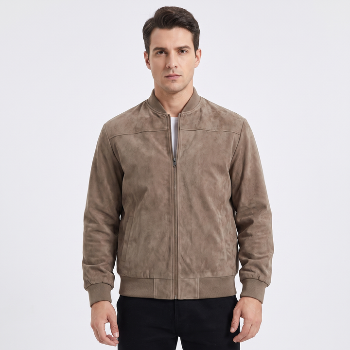 Men's Suede Bomber Jacket Zip Up Stand Collar Casual Lightweight Outerwear
