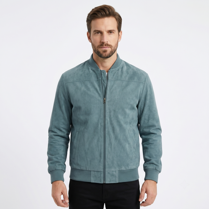 Men's Suede Bomber Jacket Zip Up Stand Collar Casual Lightweight Outerwear