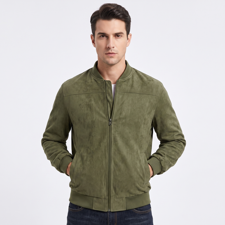 Men's Suede Bomber Jacket Zip Up Stand Collar Casual Lightweight Outerwear