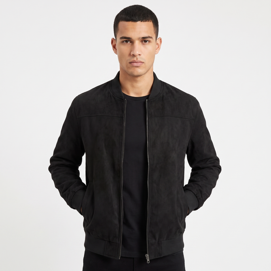 Men's Suede Bomber Jacket Zip Up Stand Collar Casual Lightweight Outerwear