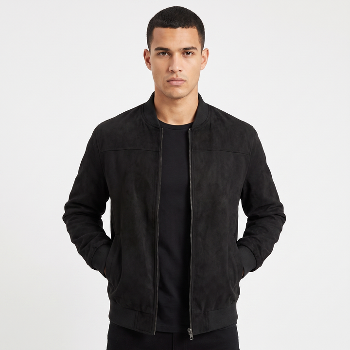 Men's Suede Bomber Jacket Zip Up Stand Collar Casual Lightweight Outerwear
